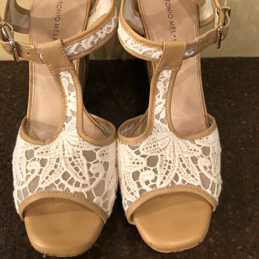 Antonio Melani wedge sandle.  Size 9, Cream lace with cork wedge